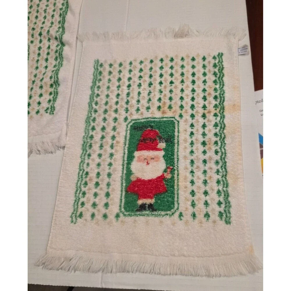 Vintage Santa Claus Christmas Hand Tea Dish Towels Set of 3 White *FLAWS